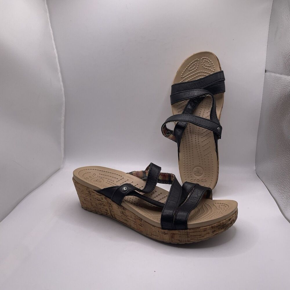 Crocs A Leigh Wedge Cork Sandal Women's Size 7 Plaid Preppy Beach Summer